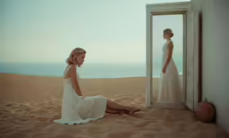 a woman sits in front of a mirror, next to the door and looks into the distance