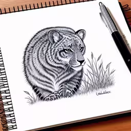 a drawing of a tiger in progress, on a notebook,a tiger sitting down in a field by some sharpies