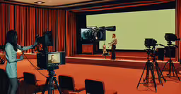 an animation camera is set up for an image on the screen,a film set is being filmed by two people