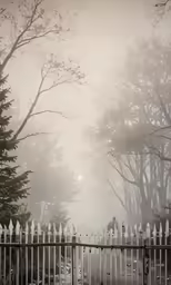 a fence in the foreground is surrounded by fog