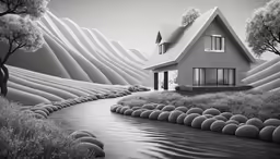 an artistic house with trees and water in the foreground