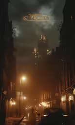 a city street with cars and people on a rainy night