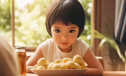 a small child sitting at a table with food