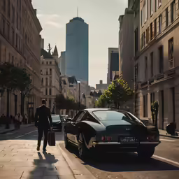 a man walking down a street next to a car