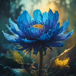 a large blue flower sitting on top of leaves,an unusual blue flower in the woods with sunlight pouring through the leaves