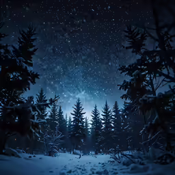 a night scene with snow on the ground and trees in front of the sky