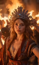 woman dressed in a costume on fire and holding a lit torches