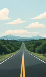 a long straight highway with a line of trees behind it