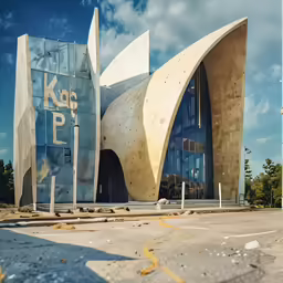 an unusual building is painted blue in the sun