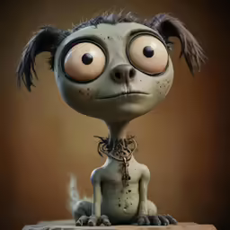 a cartoonized creature has eyes and has a cross on his neck