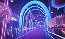 people are sitting at tables inside an illuminated tunnel