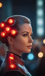 the woman in the star trek suit has a hair light on her head