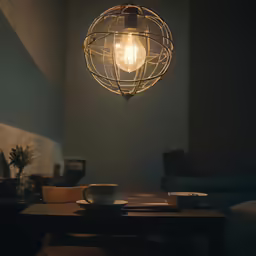 a table with coffee in a cup under a light bulb