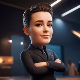 a cartoon boy with arm crossed in a room