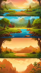 three landscape panel designs with mountain, river and forest scenery,three scenes depicting the scenery of a beautiful nature