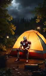 a guy in a helmet sits by a tent at night,a man sits in a tent next to a rocket man