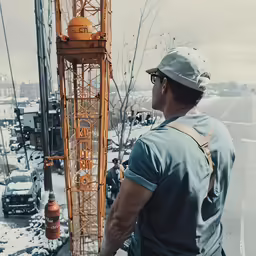 a man looking down a street at an antenna tower