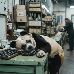a dog sleeping on top of a computer desk