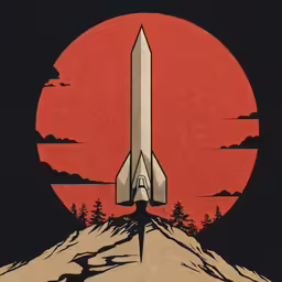 a giant spaceship is flying over mountains and trees