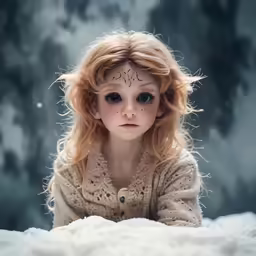 a doll is in an image of the snow, looking like she has something very weird