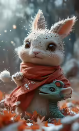 a white rabbit holding onto an orange and blue stuffed animal