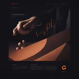 the web design is an orange and black theme with a man pointing