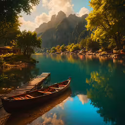 the calm water in the river reflects a boat and mountain,there are many canoes tied up on the shore