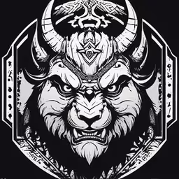 an angry demon with horns and horns, drawn by hand,a white bull with horns and a horned face on a black background