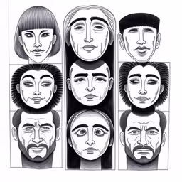 some different faces are drawn in different ways,an image of an individual heads and expressions,six faces of different people in various poses,this is a black and white drawing of different faces,faces drawn by hand with faces drawn with pencil