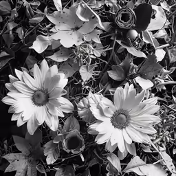 black and white image of flowers in a grassy area