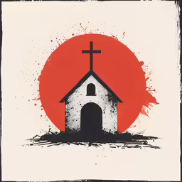 a red and black poster with a church