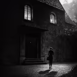 black and white photograph of a woman walking toward the house