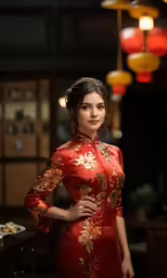 a woman wearing an oriental style red dress posing for the camera