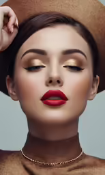 a young woman wearing a hat and red lipstick