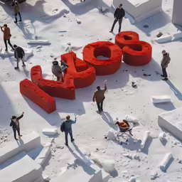 people looking at an outdoor display on snow