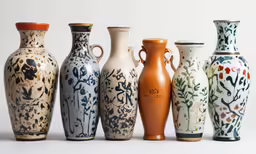 six different sized and various color vases on display