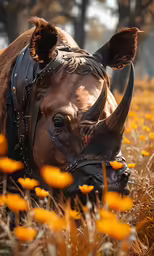a cow wearing a bridle in a field of flowers