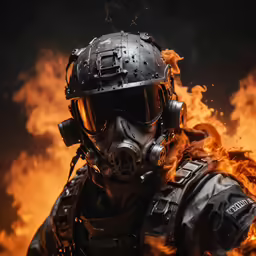 a man with a gas mask and a fire hose
