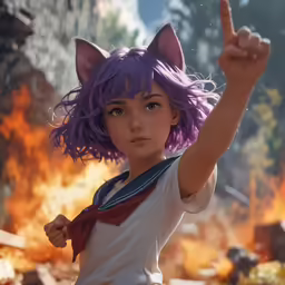 a girl with cat ears has her hand up and points