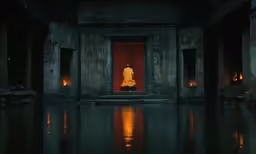 a room with a monk sitting in a doorway