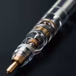 a clear, cylindrical egrv is one end with some gold on the edge