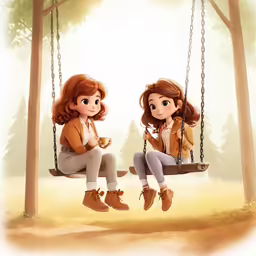 two girls sitting on swings one of which is swinging