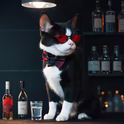 a black and white cat wearing glasses sitting on the bar counter
