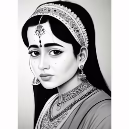 a portrait drawing of a young indian girl wearing traditional makeup and hair