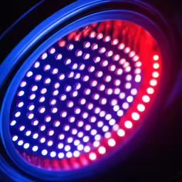 closeup of a red and blue circular light