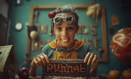 a girl with glasses and rubber nose ring holding a sign with words on it in front of her