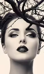 a woman with long hair and makeup on her face
