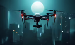 a large, black and white plane flying in the night