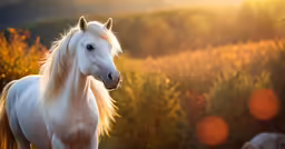 a white horse with long mane standing in a field