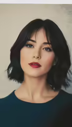 woman with black hair and burgundy lipstick looks to the left